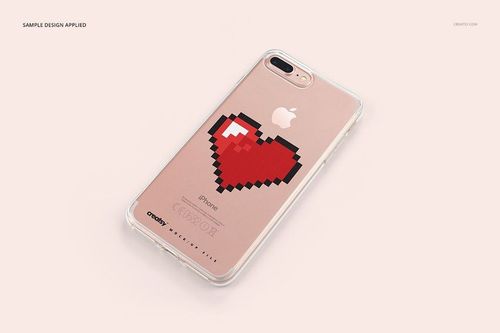 iPhone 7 Plus clear case mockup featuring a pixel heart graphic, displayed from above on a pale surface.