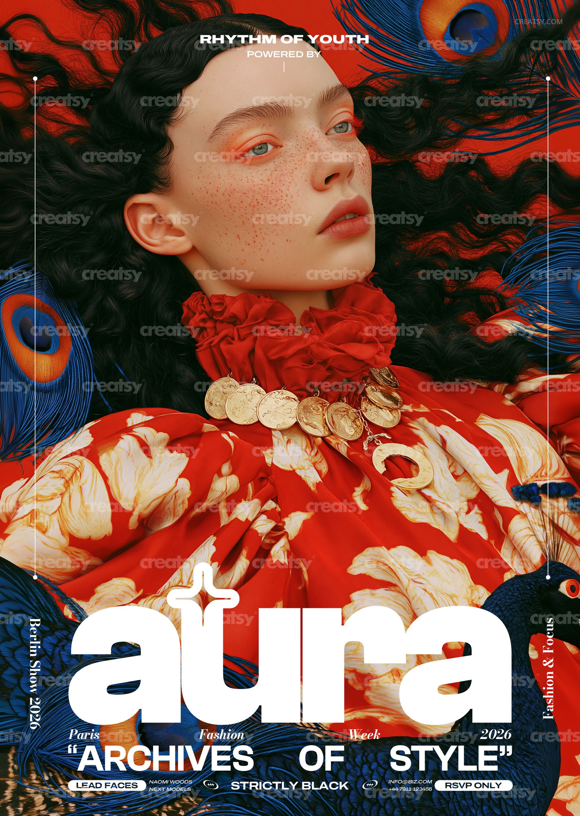 Front view of a PSD mockup poster with a model in a red patterned dress and gold accessories, surrounded by blue accents.