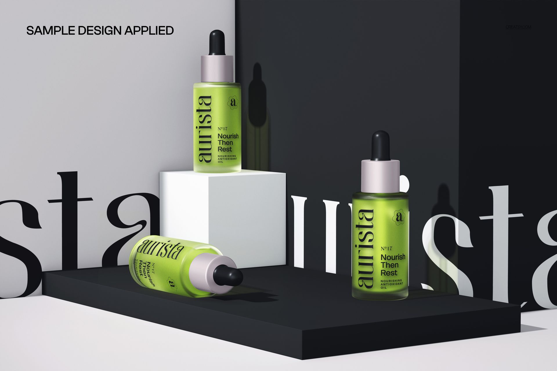 Three green dropper bottles displayed on geometric white and black platforms, front view, cosmetics mockup scene.