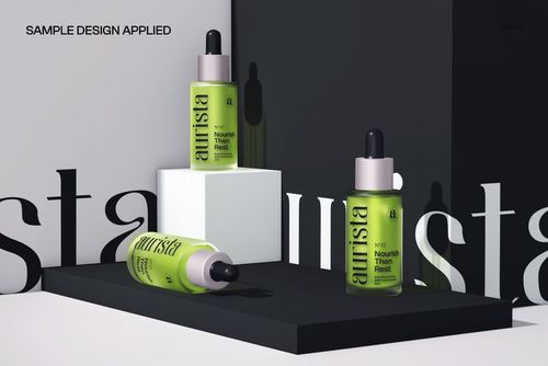 Three green dropper bottles displayed on geometric white and black platforms, front view, cosmetics mockup scene.