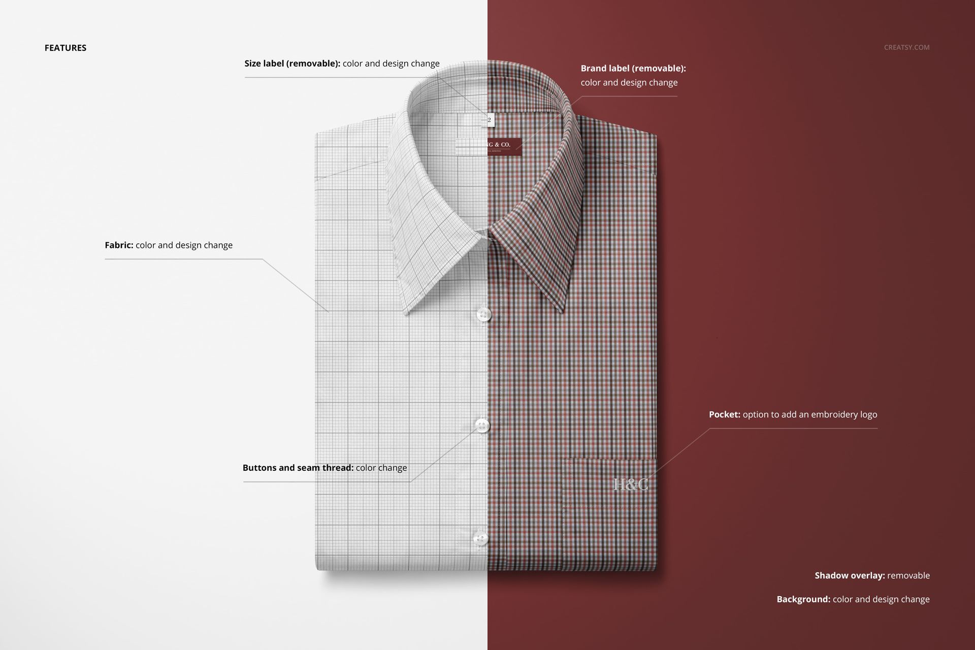 Folded point-collar dress shirt mockup shown from a top view, split into two sections with different fabric patterns and colors.