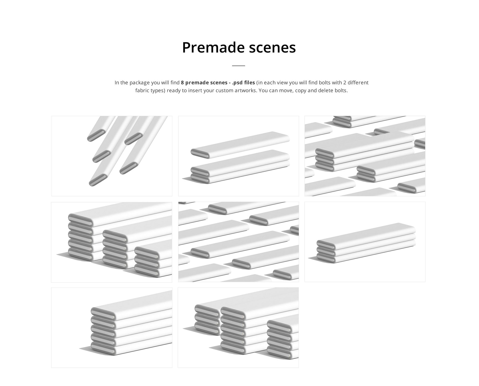 Fabric bolts builder mockup set displaying stacks and rows of folded fabric bolts in gray and white, top and side views.