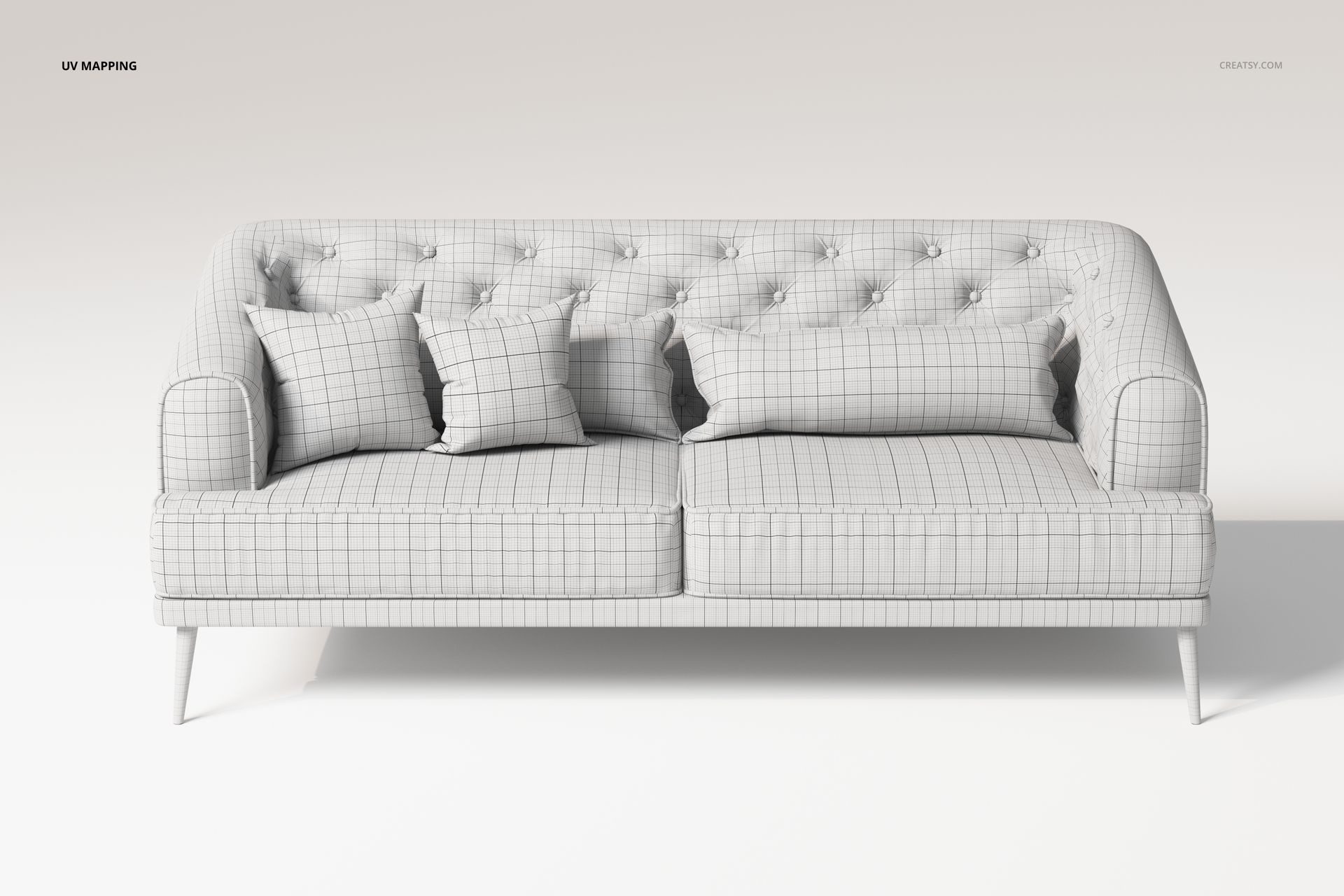 Front view of a dimple sofa 3D model with grid texture, featuring two seat cushions and four pillows in a neutral setting.