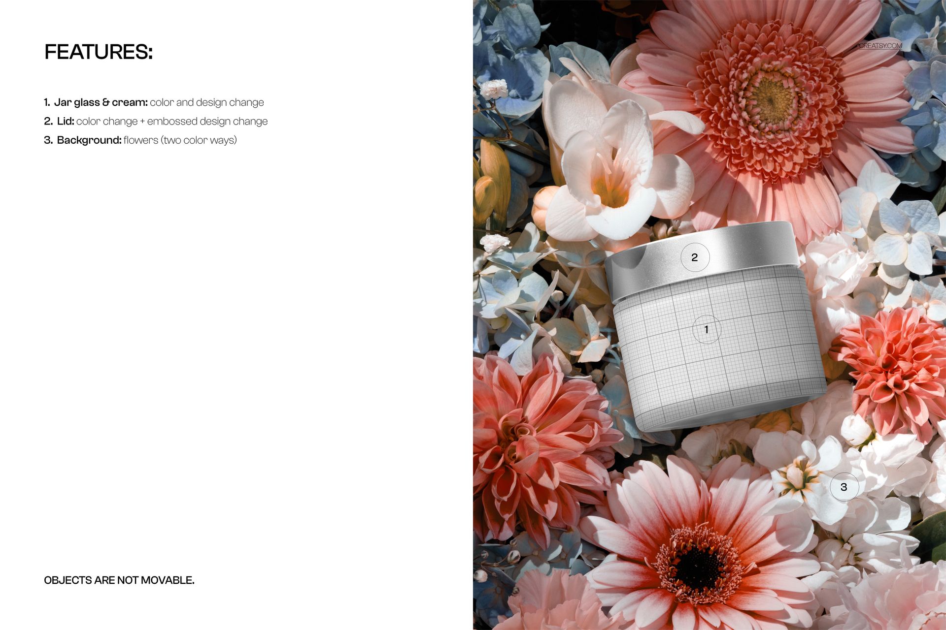 Front view of a skincare cream jar mockup placed among pink and white flowers, with a grid label design.