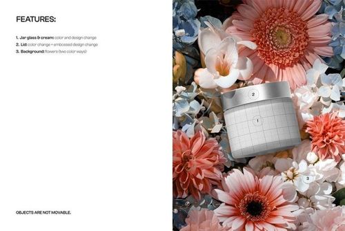 Front view of a skincare cream jar mockup placed among pink and white flowers, with a grid label design.