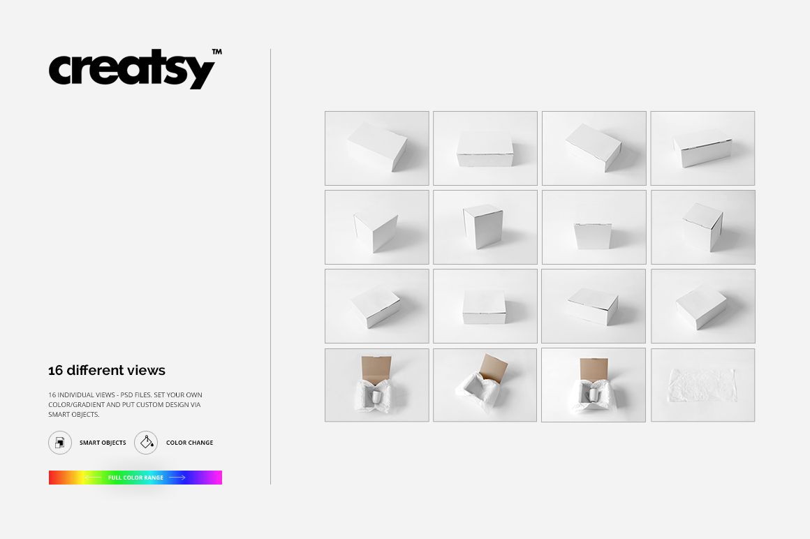 Mailing box mockup set showing three box types in various angles and open or closed positions on a white background.