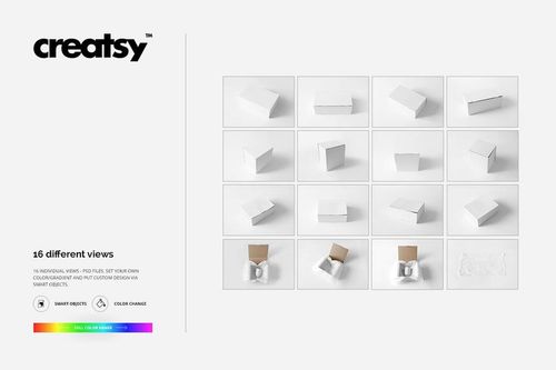 Mailing box mockup set showing three box types in various angles and open or closed positions on a white background.