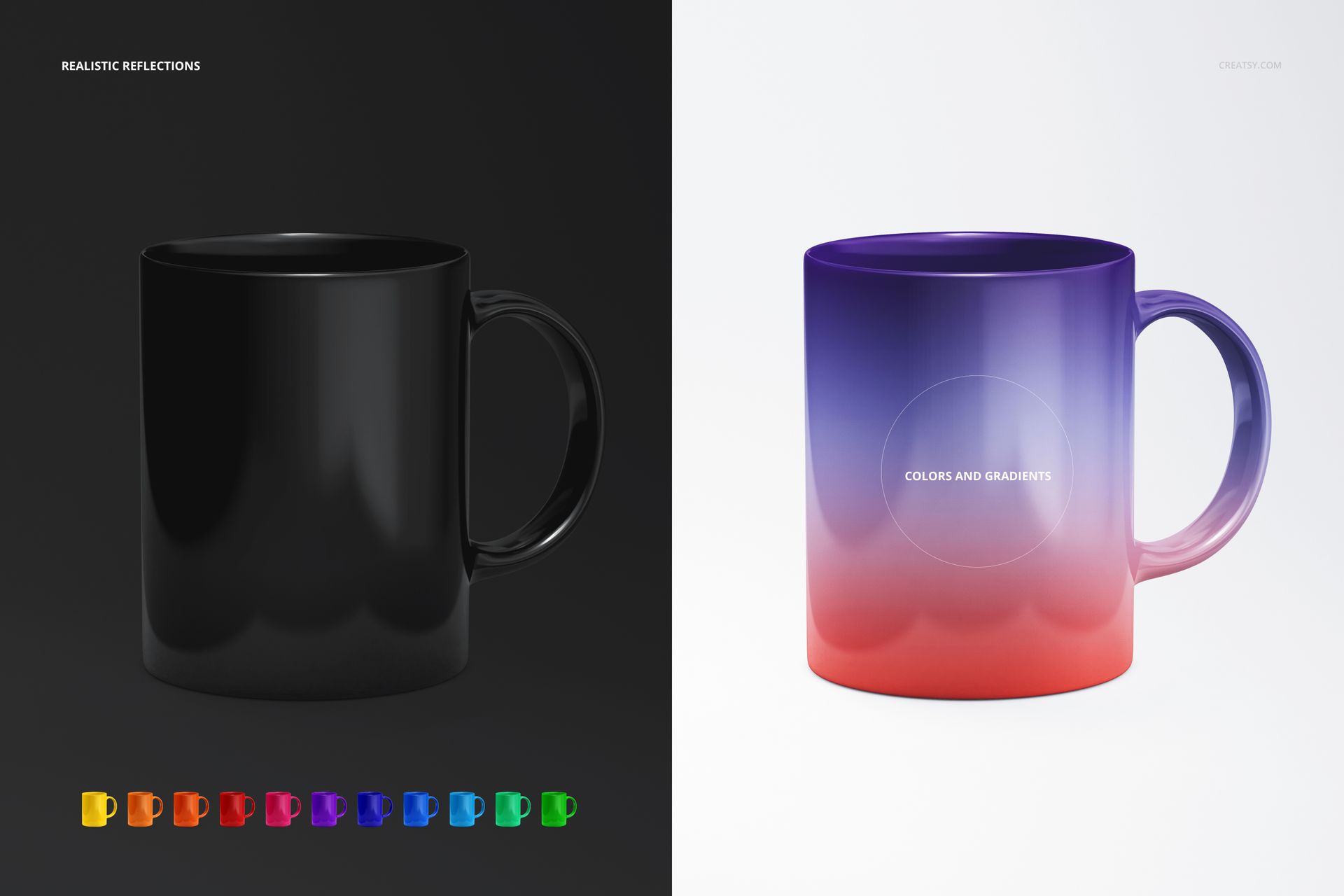 Sublimation mug PSD mockup featuring a black mug and a colorful gradient mug, both shown from a straight-on perspective.