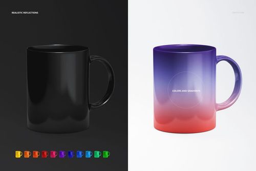 Sublimation mug PSD mockup featuring a black mug and a colorful gradient mug, both shown from a straight-on perspective.