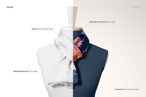 Front view of a habotai silk scarf mockup draped on a mannequin, showing both plain and floral patterned sides.