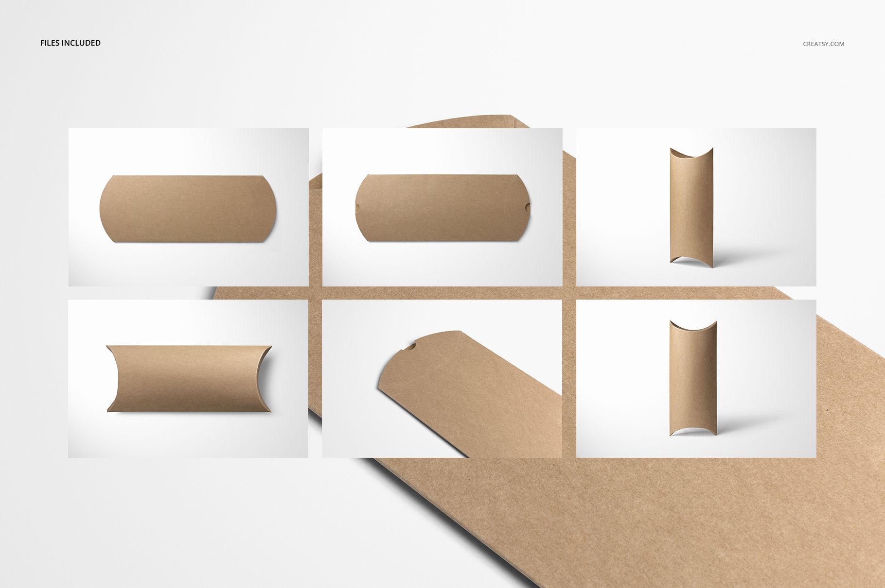 Set of kraft paper pillow box mockups displayed from various perspectives, highlighting curved edges and minimalist style.