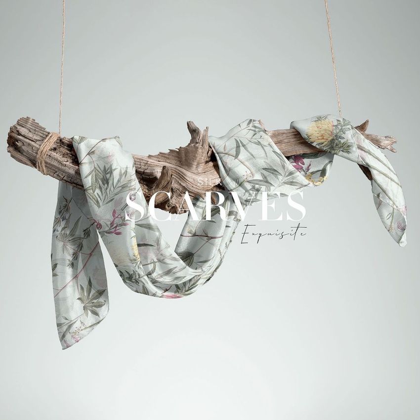 Habotai silk scarf mockup draped over a piece of driftwood, featuring a botanical pattern on a light background with text overlay.