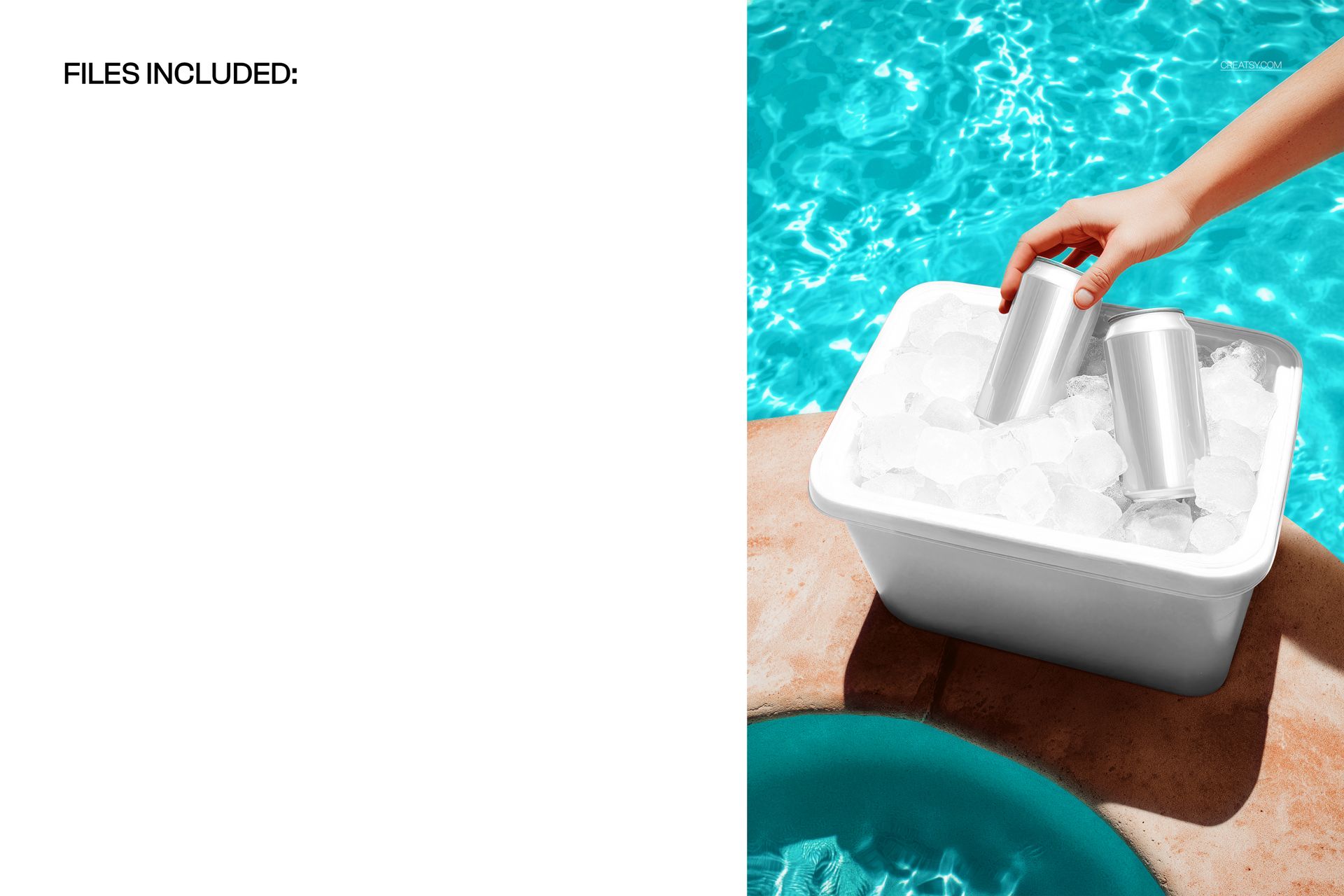 Silver drink cans in a white ice bucket beside a pool, with a hand reaching for one can, front view mockup.