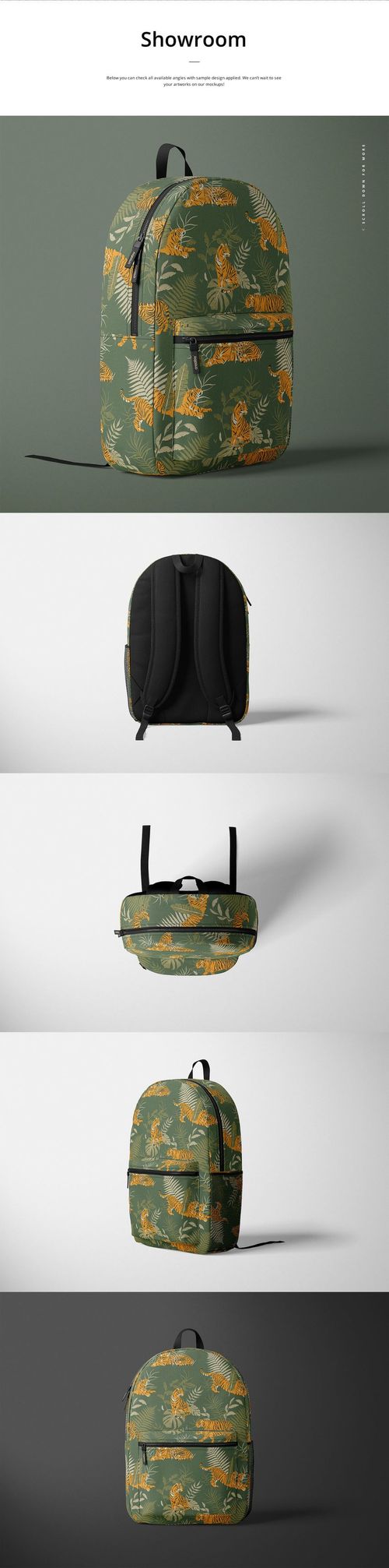 Mockup of a polyester backpack featuring a green base with orange dinosaur print, displayed in various perspectives.