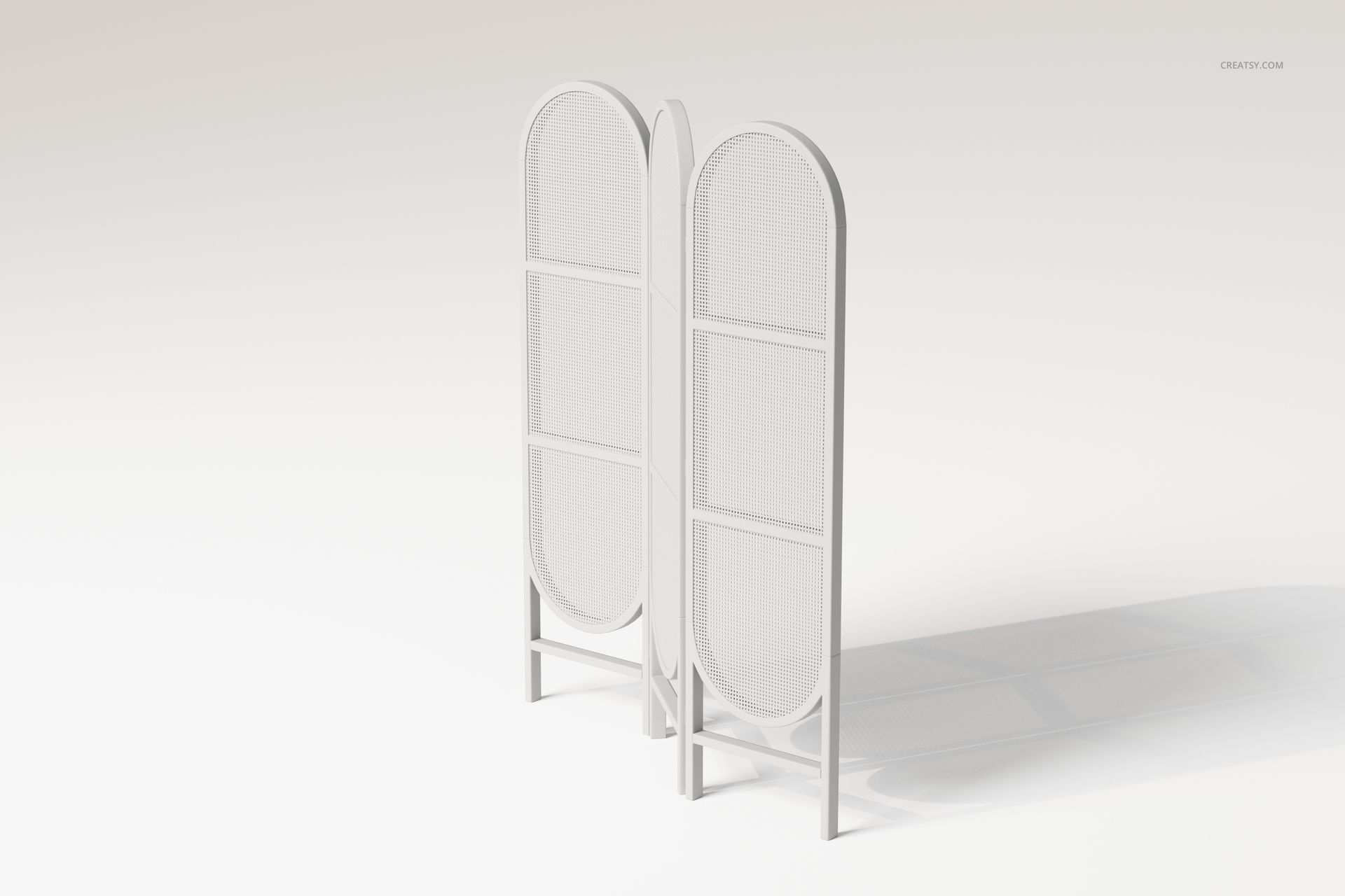 Rattan folding room divider with three connected panels, shown in a light neutral color on a plain background.