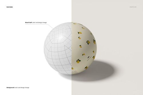 Front view of a beach ball mockup, half in wireframe and half with a lemon pattern on a neutral background.