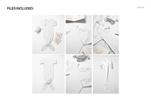 Baby knotted gown mockup in white, shown from various angles with soft lighting and neutral props nearby.