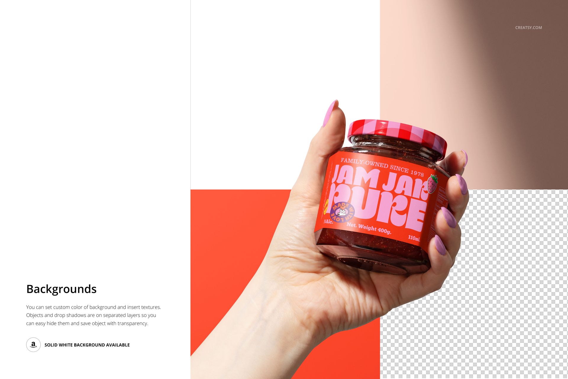 Jam jar mockup featuring a red label and lid, held in a hand with pink nails, displayed on a split-color backdrop.