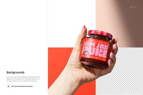 Jam jar mockup featuring a red label and lid, held in a hand with pink nails, displayed on a split-color backdrop.