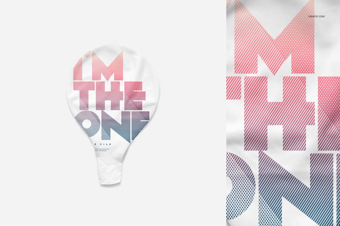 Close-up of a party balloon mockup with bold, diagonal-striped text in pink and blue over a white surface.