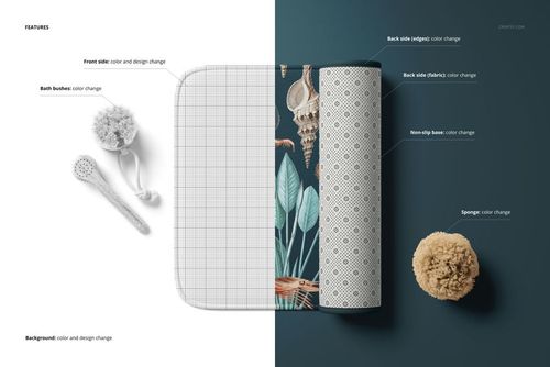 Top view of a microfiber bath rug mockup with half grid pattern and half tropical leaf design, bath brushes nearby.