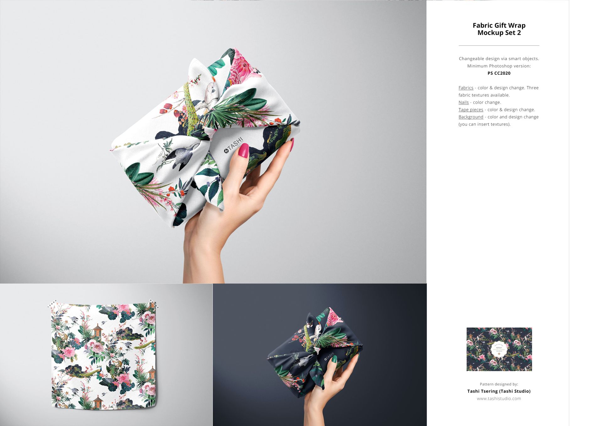 Hand holding a fabric gift wrap with a botanical floral pattern, shown from a front angle alongside two mockup views.