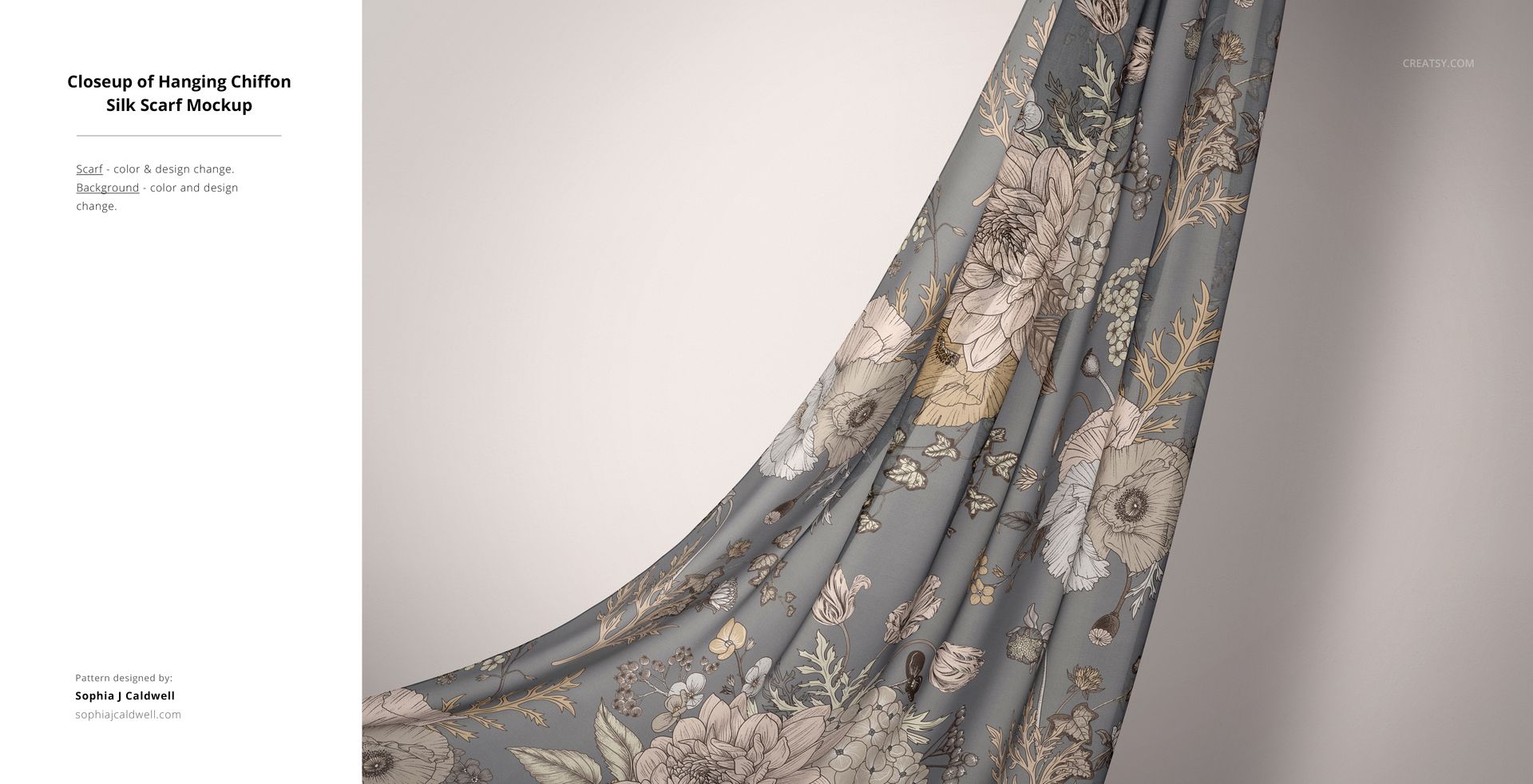 Front view of a chiffon silk fabric mockup featuring large, detailed flowers on a soft gray base, elegantly suspended.