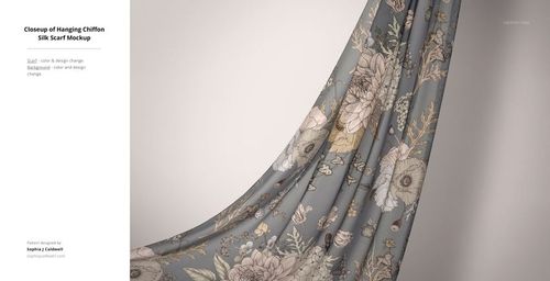 Front view of a chiffon silk fabric mockup featuring large, detailed flowers on a soft gray base, elegantly suspended.