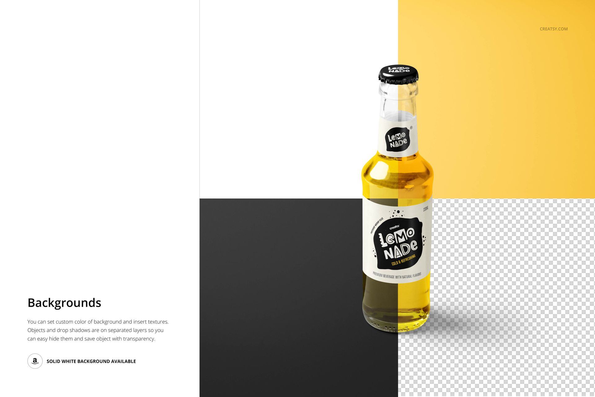 Lemonade glass bottle mockup with a clear body and yellow liquid, standing on a color-blocked background with four quadrants.