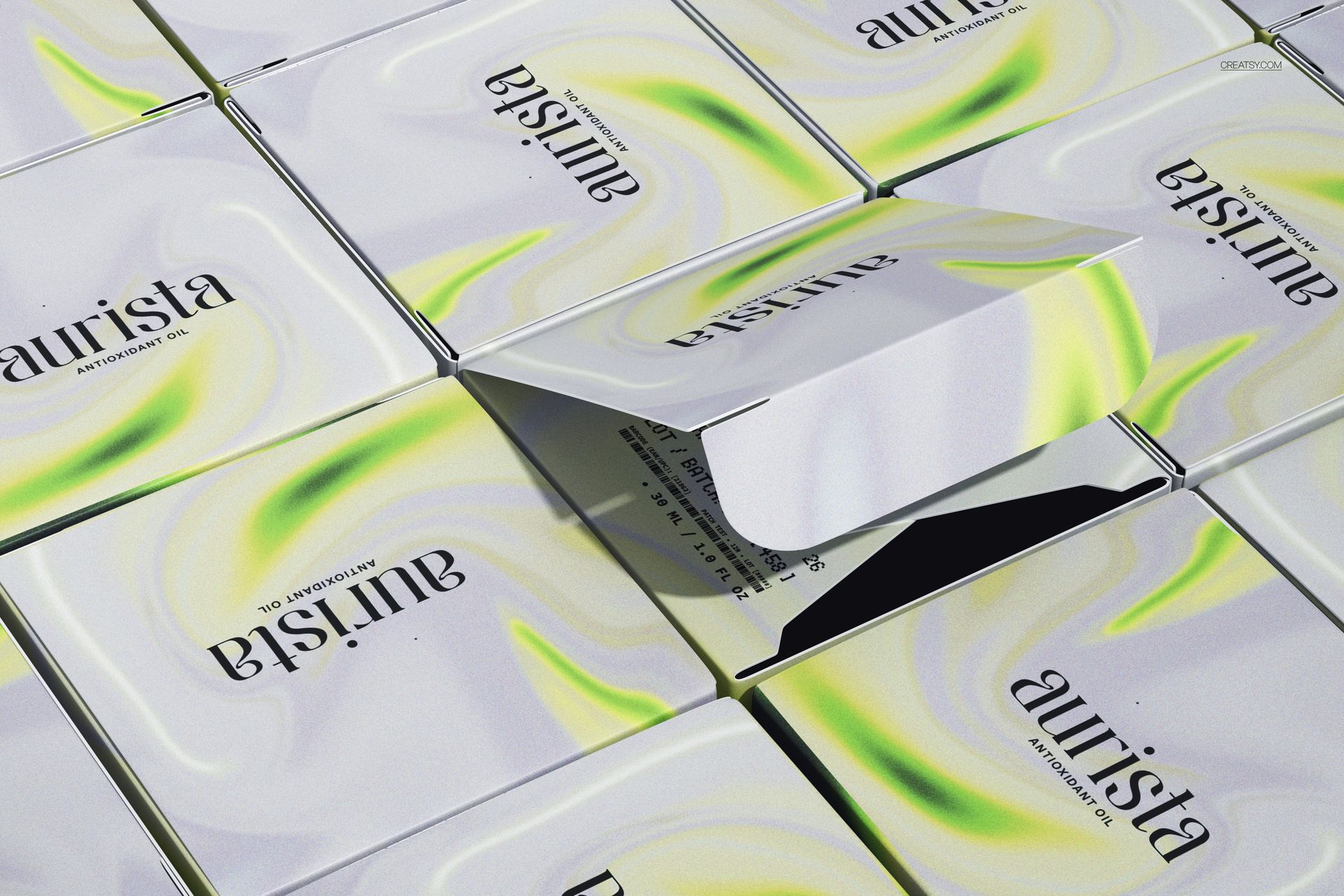 Several square cosmetic boxes with a green and yellow swirl pattern are arranged in a grid, one box partially opened.