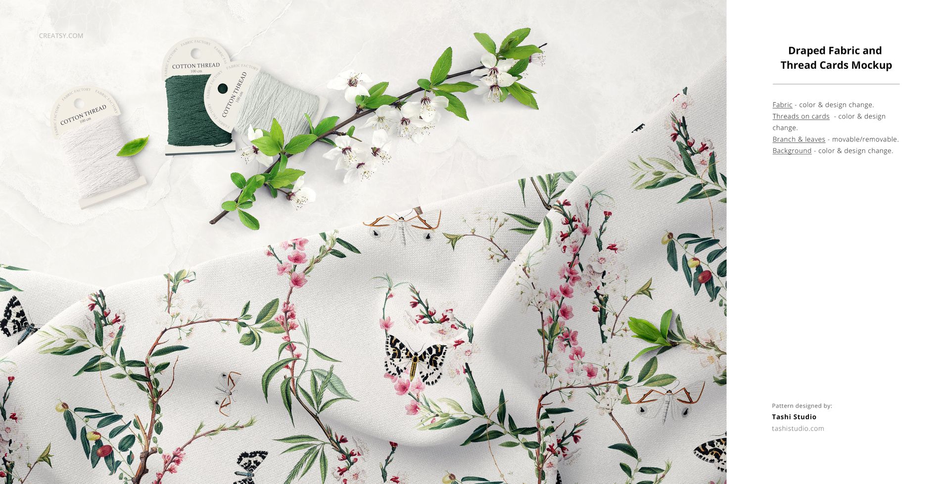 Floral patterned fabric mockup with butterflies, shown with two thread cards and a blooming branch on a white background.