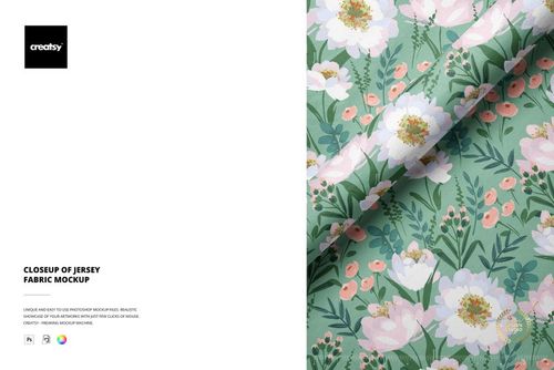 Detailed jersey fabric mockup showing a soft floral design with green leaves and pastel flowers in a close-up perspective.