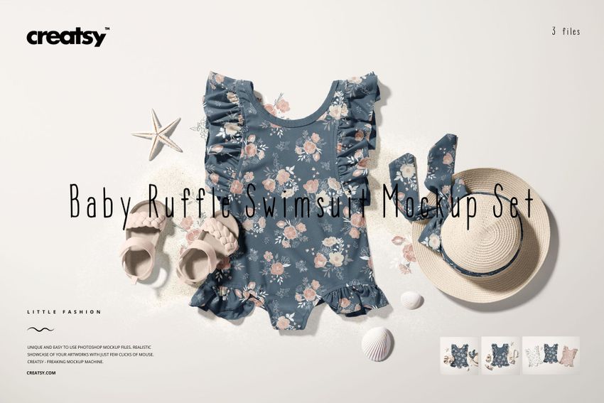 PSD mockup showing a floral blue baby ruffle swimsuit laid flat, surrounded by a straw hat, baby sandals, and decorative props.