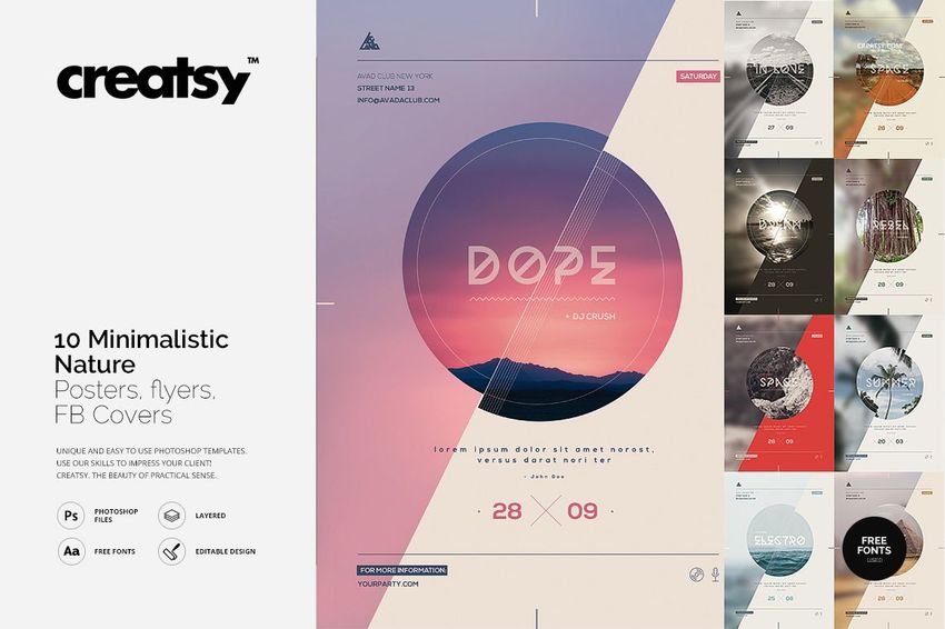 Front view of minimalistic nature posters with geometric shapes, soft pastel colors, and abstract landscape designs.