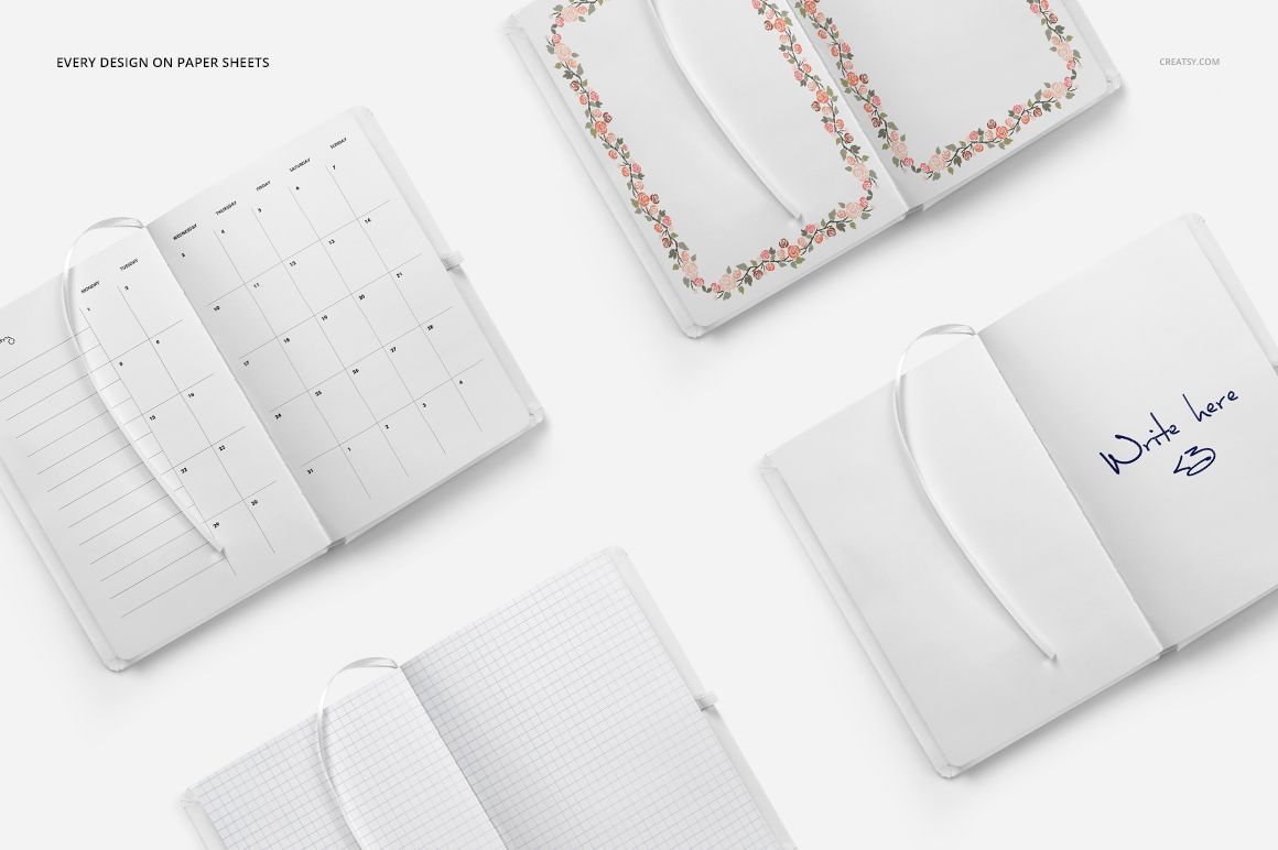 Four open planner mockups displayed from above, showing calendar, floral, grid, and lined page designs.