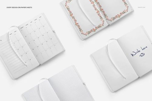 Four open planner mockups displayed from above, showing calendar, floral, grid, and lined page designs.