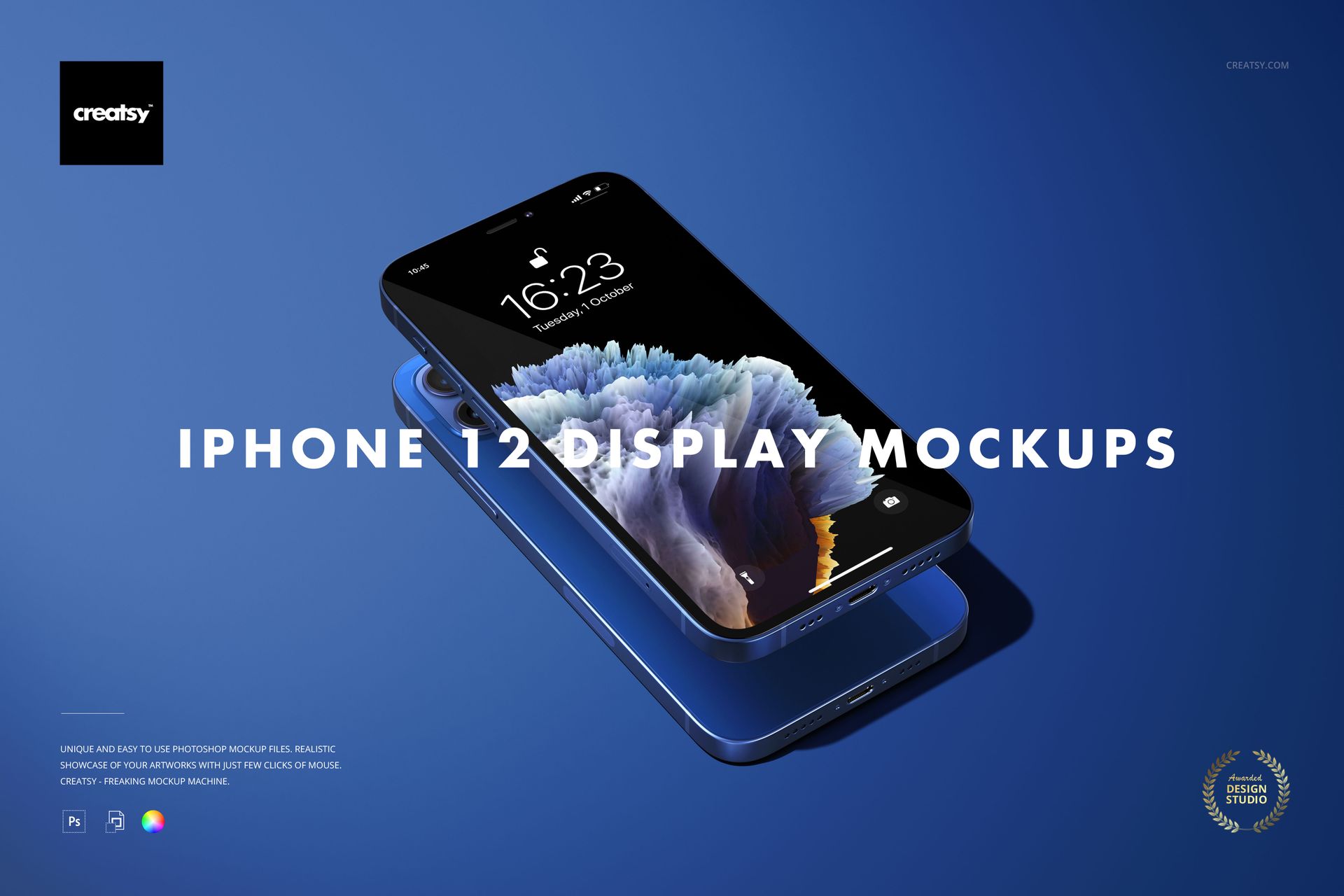 Front view of two iPhone 12 devices stacked on a blue surface, displaying a realistic screen mockup design.