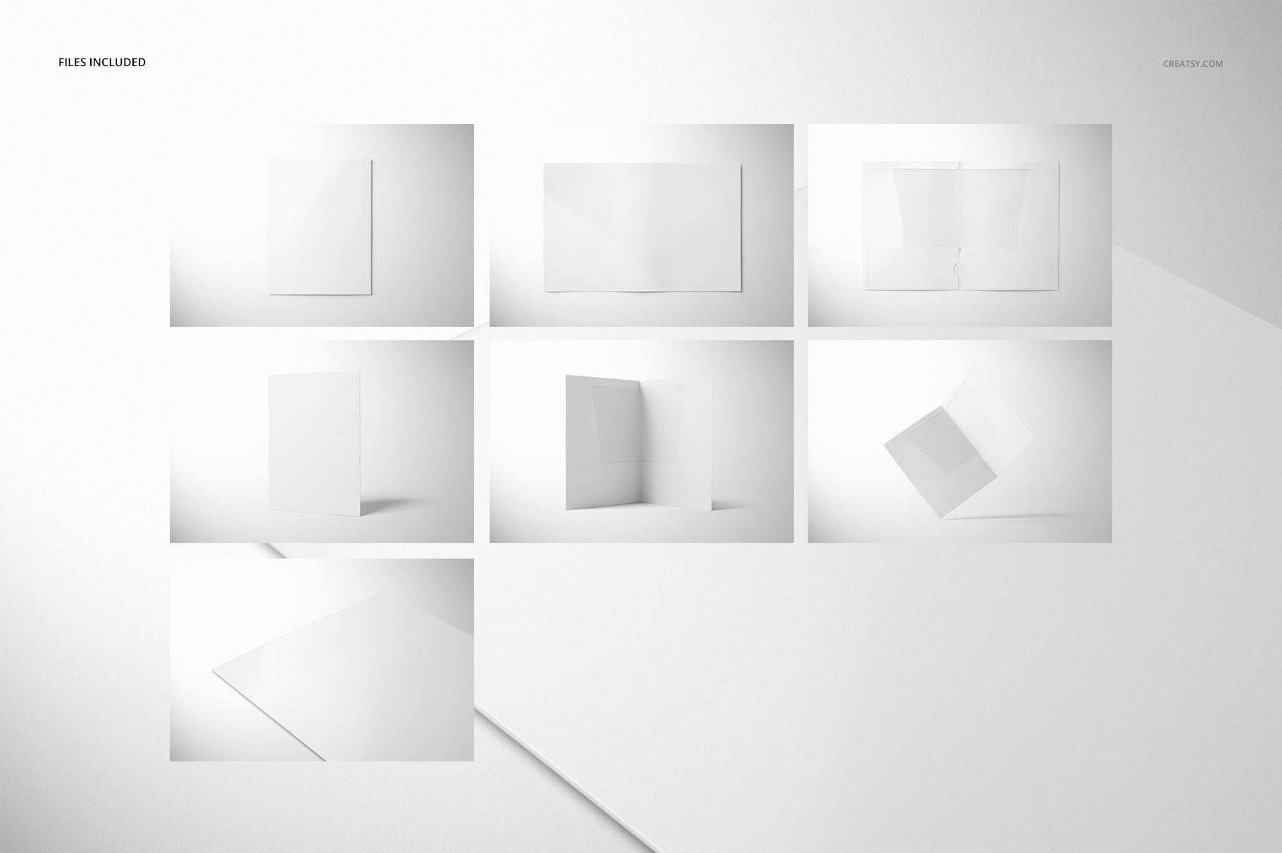 Two-pocket folder mockup set featuring multiple white folder views on a light background, including open and closed positions.