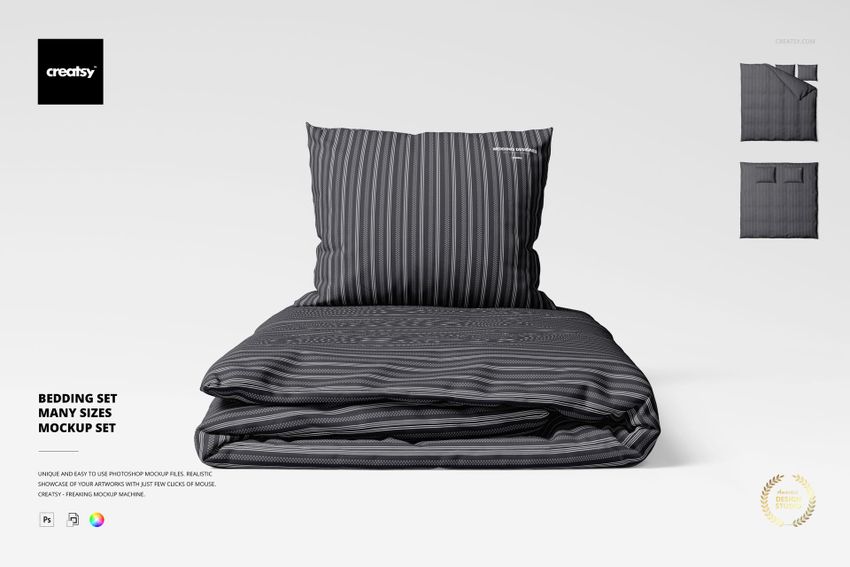 Front view of a bedding set mockup featuring a striped dark gray comforter and pillow on a light background.