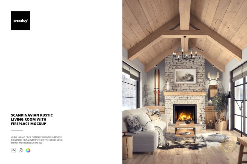 Scandinavian rustic living room mockup featuring a stone fireplace, wooden beams, gray sofa, and cozy decor in front view.
