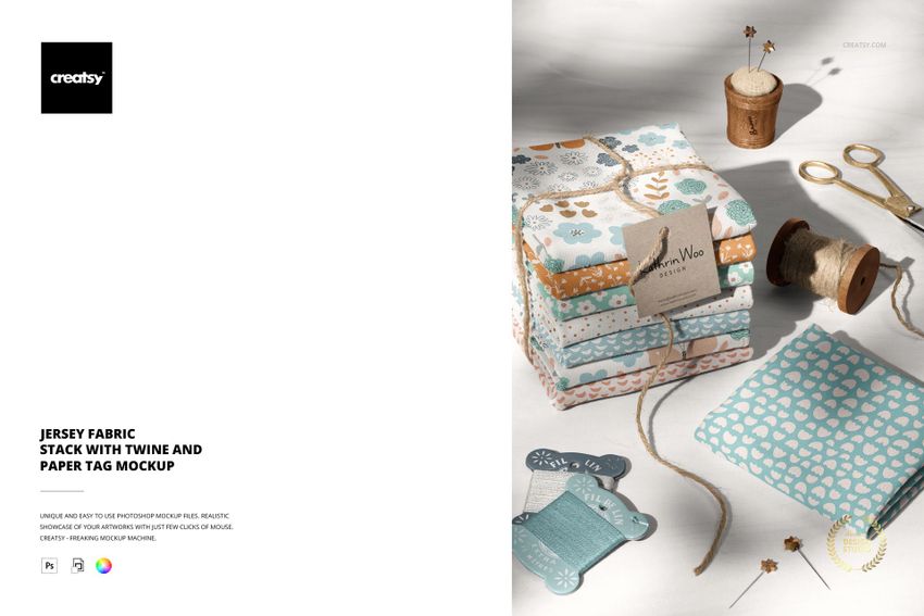Jersey Fabric stack with Twine and Paper Tag Mockup - mockup screenshot 1