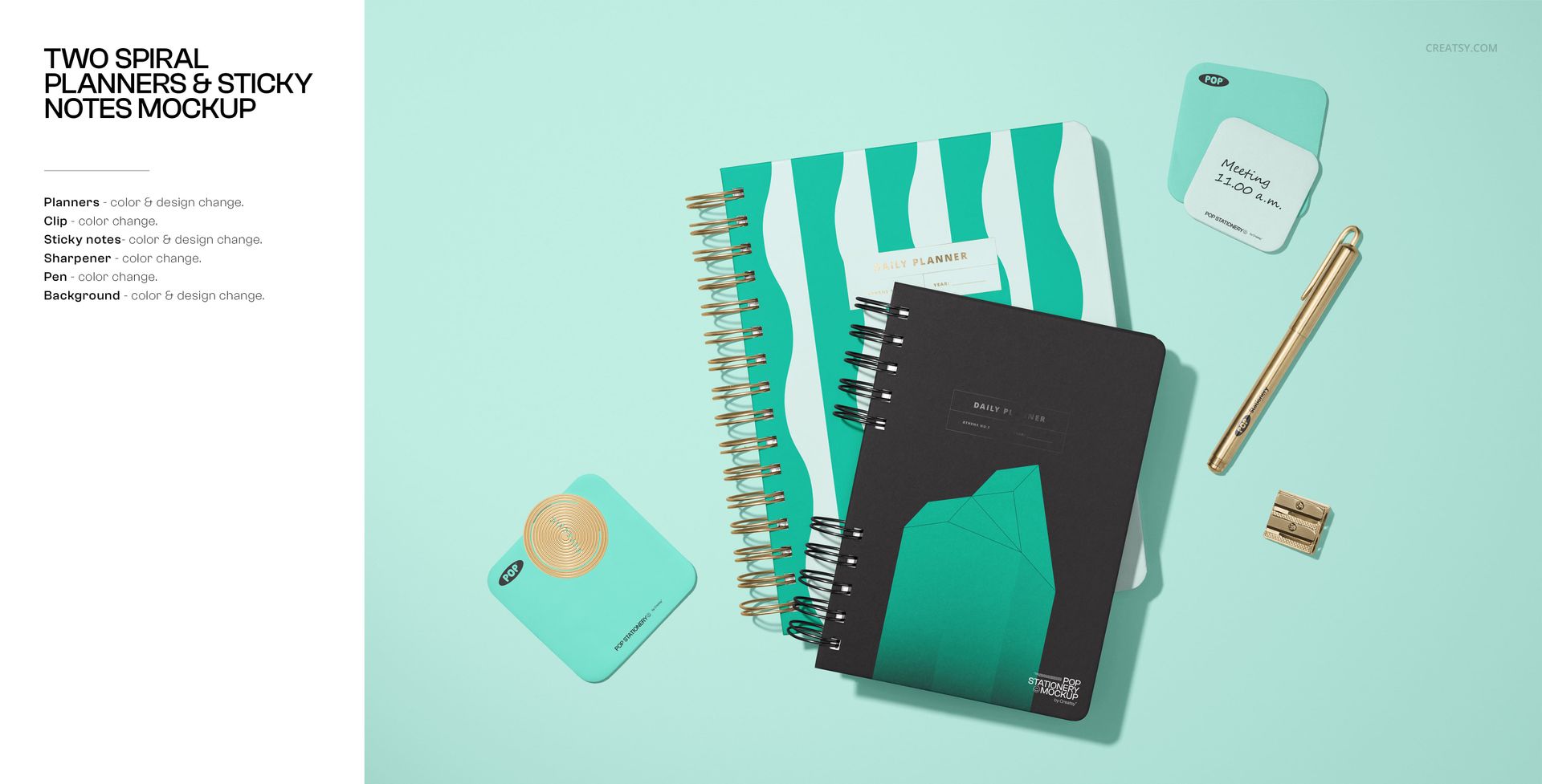 Stationery mockup with two spiral-bound planners, sticky notes, gold pen, and clips arranged on a mint surface.
