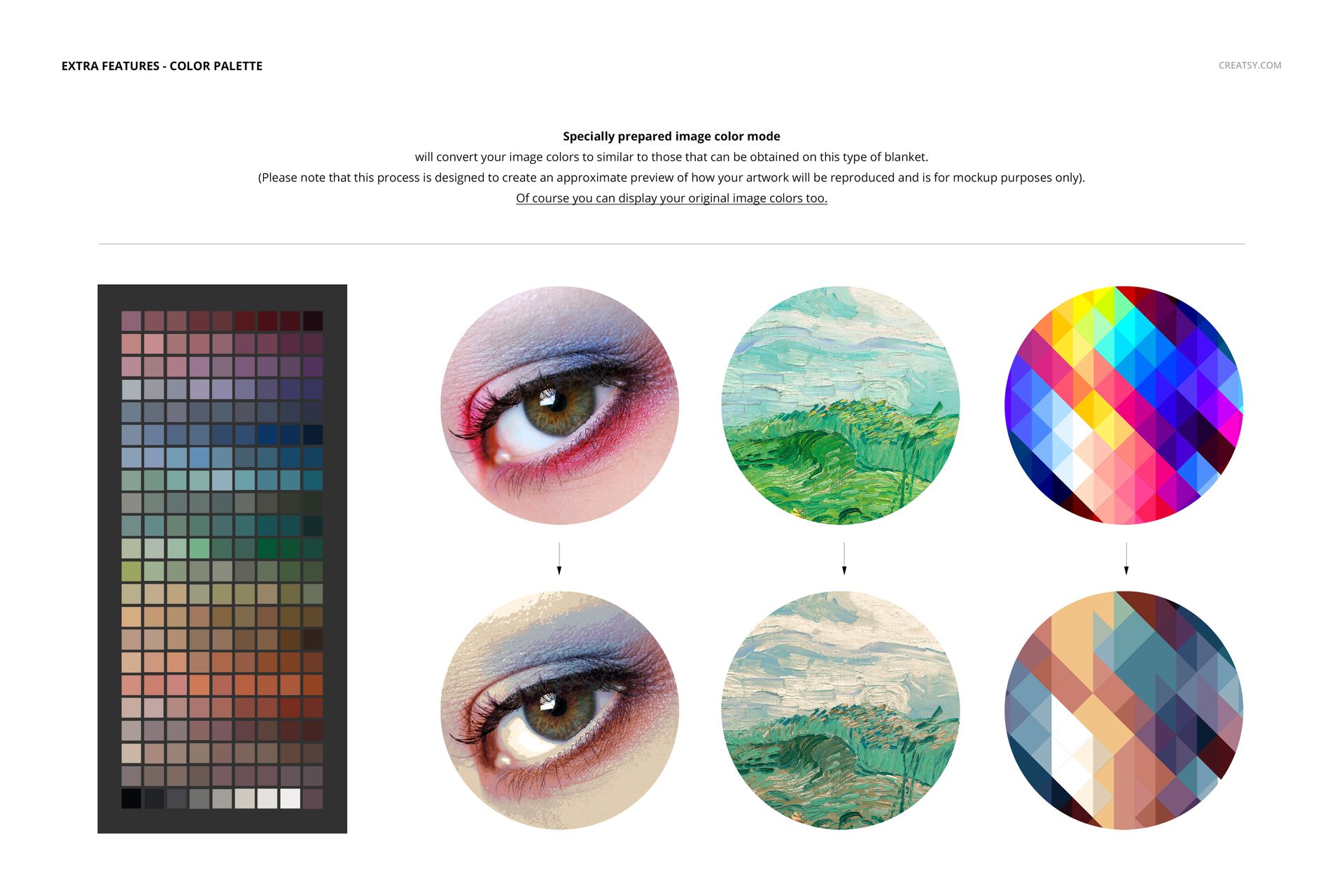 Color palette chart and six circular samples showing color and pattern conversion for woven throw blanket mockup.