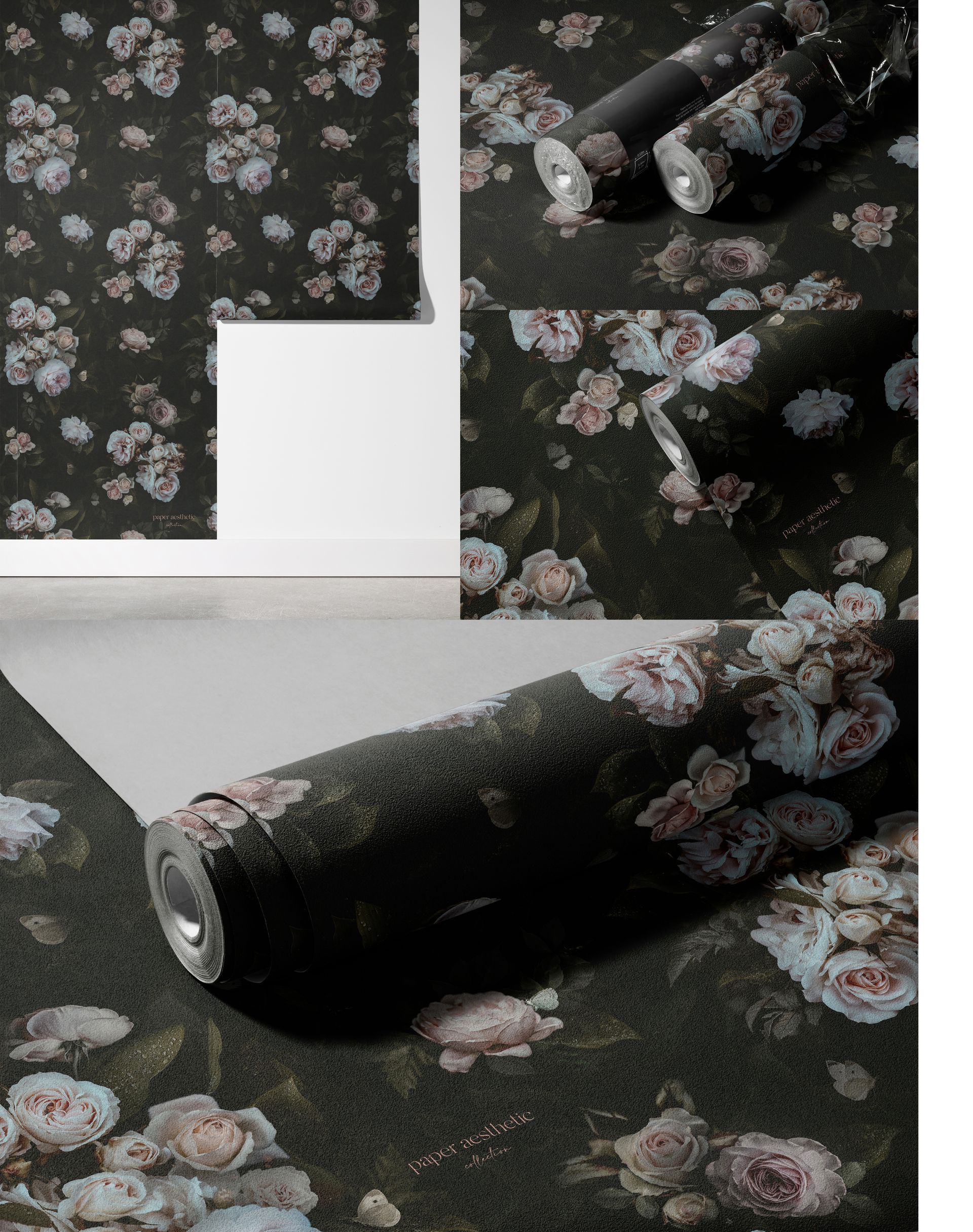 Floral patterned non-woven vinyl wallpaper mockup, featuring dark background and pastel flowers in various perspectives.