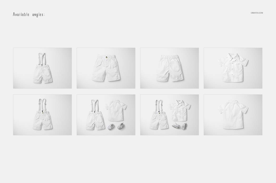 Boys formal set mockup featuring white shirt, shorts, suspenders, and shoes shown from multiple angles on a plain background.