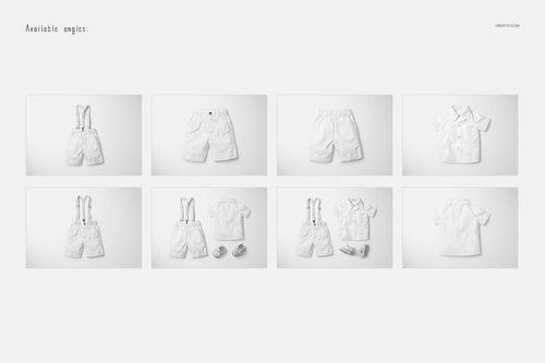 Boys formal set mockup featuring white shirt, shorts, suspenders, and shoes shown from multiple angles on a plain background.