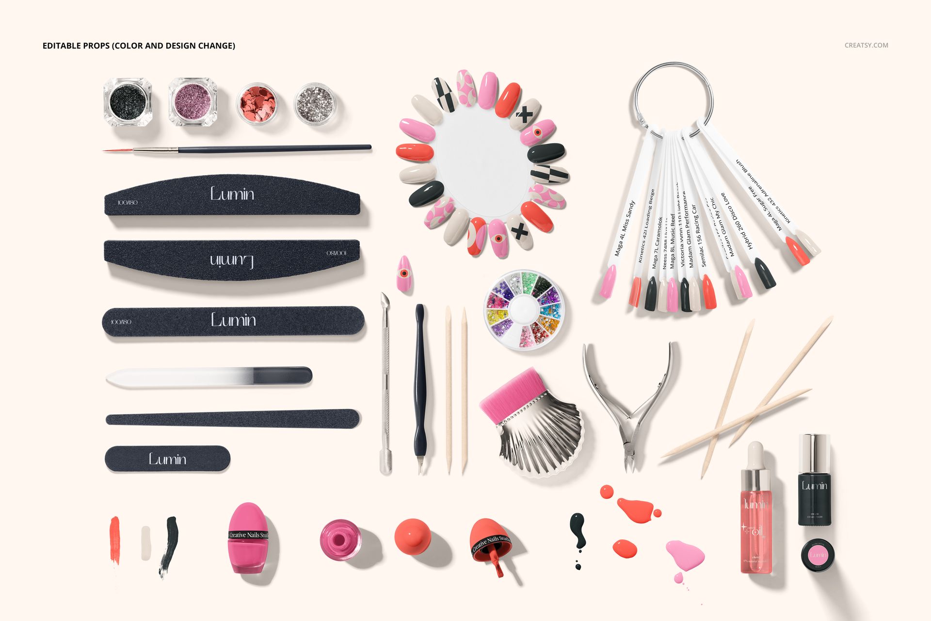 Assorted nail care tools, polishes, and sample nail tips arranged neatly on a light background in a cosmetics mockup.