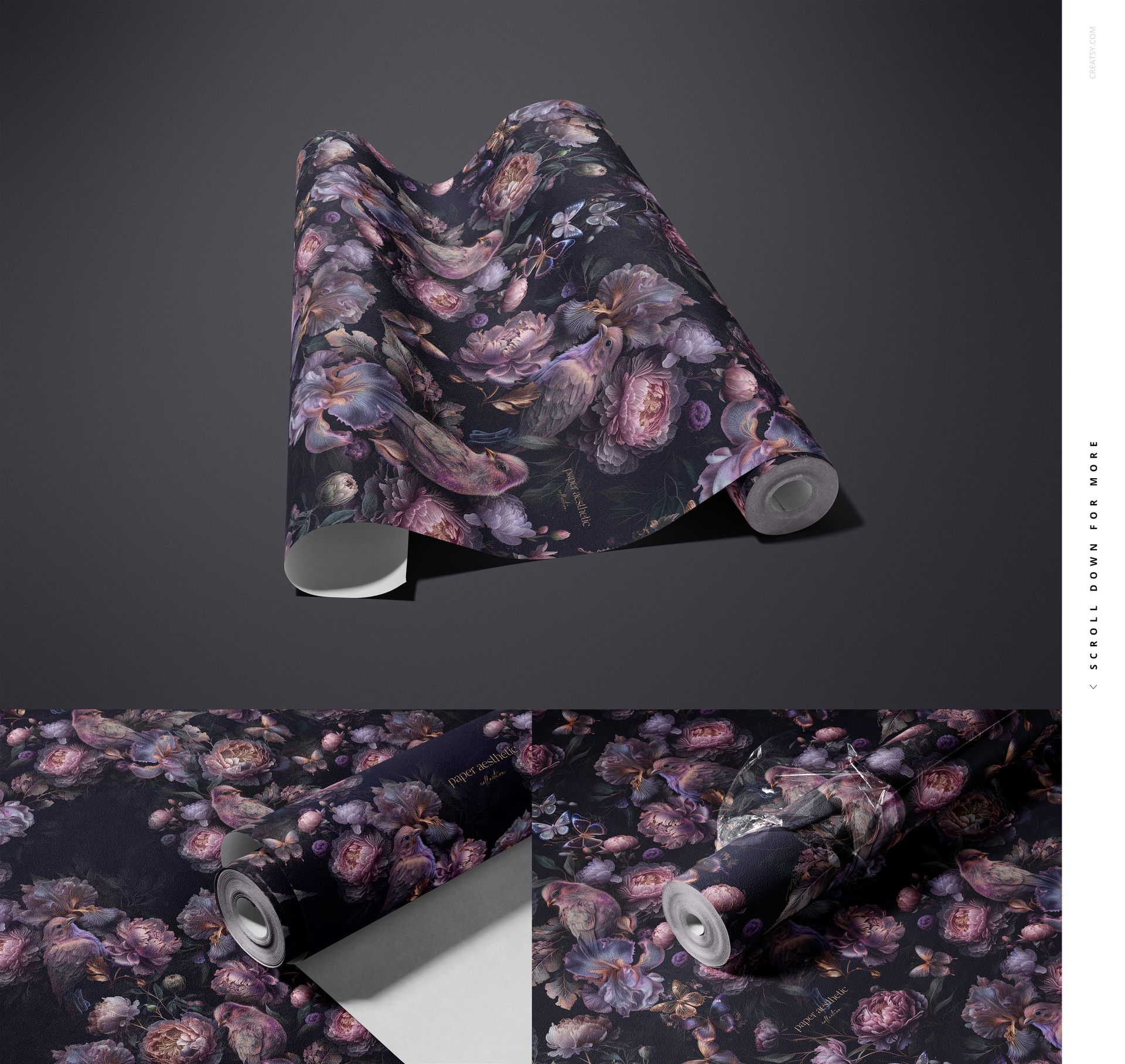Non-woven vinyl wallpaper mockup featuring a rolled sheet with a vibrant floral design in purple and black tones.