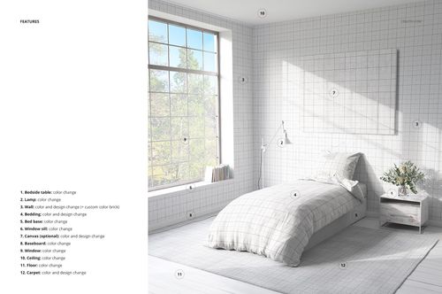 PSD mockup of a single bed setup in a modern room, showing editable bedding, carpet, and wall with natural light from a window.