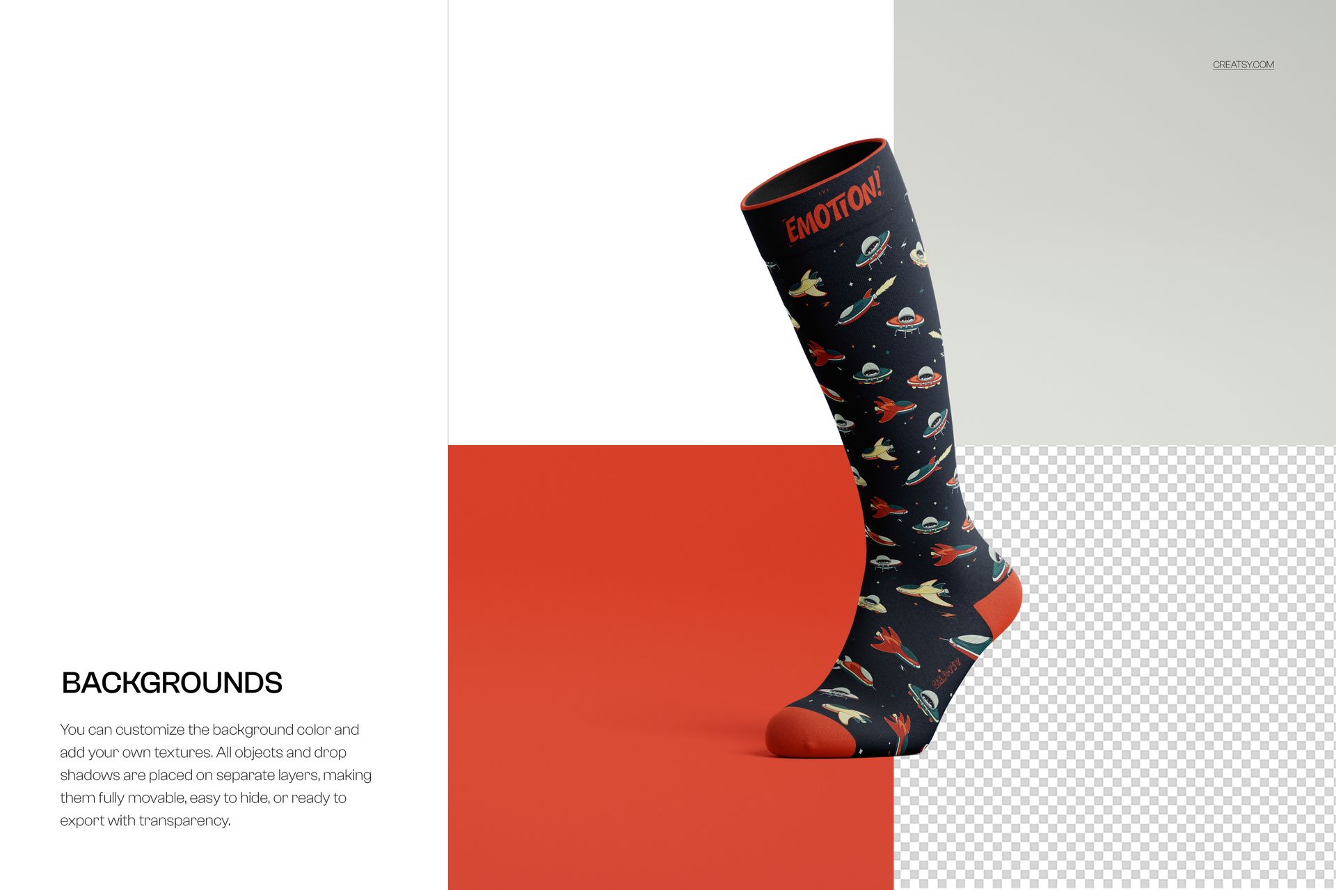 Over the calf sock mockup with space-themed pattern, red cuff, heel, and toe, shown on a split-color background.